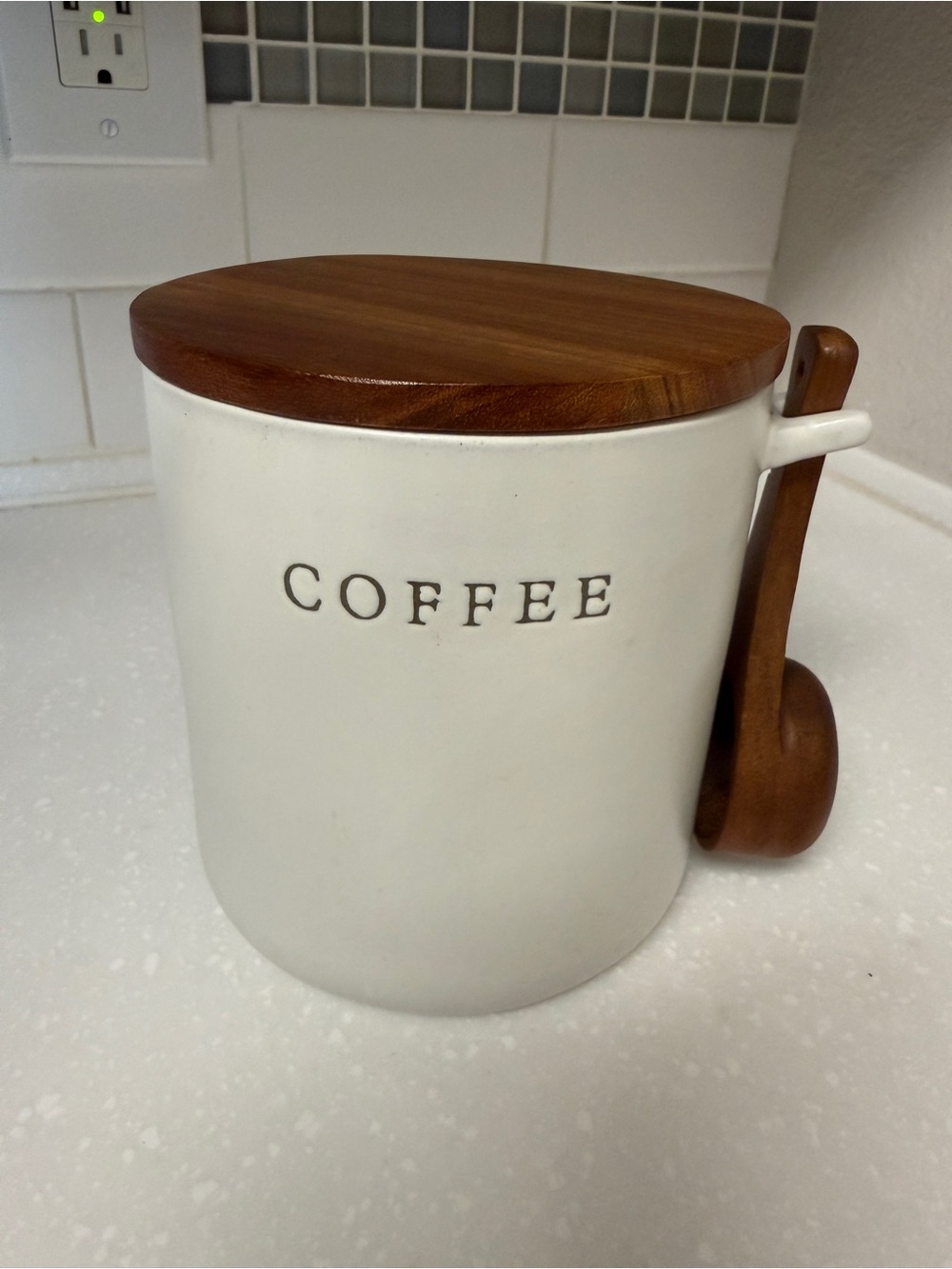 Hearth & Hand Cream Ceramic Coffee Canister with Wooden Lid and Spoon